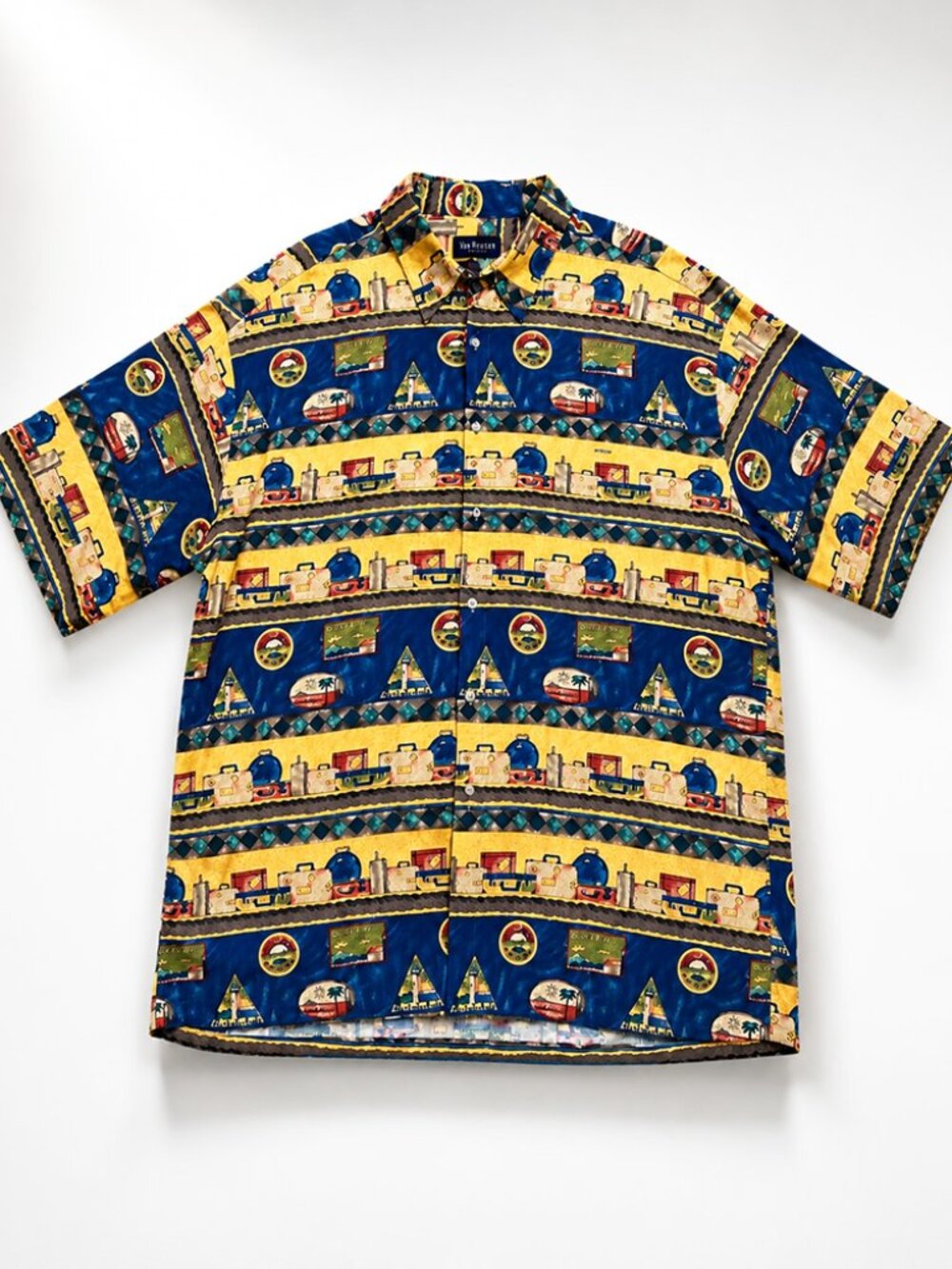 Van Heusen Men's Hawaiian Rayon Camp Shirt XL Blue Tropical Vacation Print